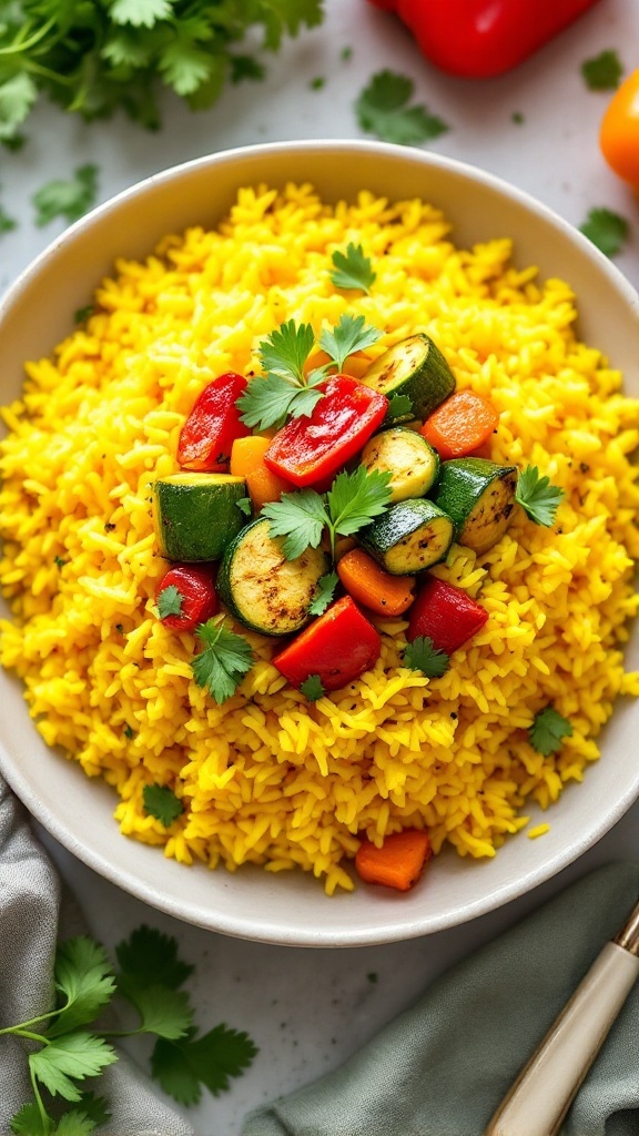 Golden turmeric coconut rice topped with roasted vegetables on a colorful plate, garnished with cilantro.